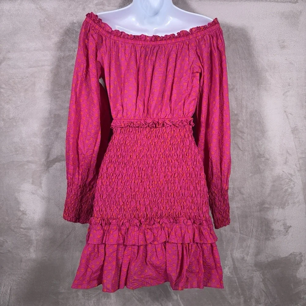 Alexis Marilena Smocked Dress Womens Small Pink Polka Dot Off Shoulder